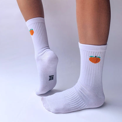 Womens, unisex Ribbed crew white sock, fashion sport ankle sock, One size fits all, The peach sock, peachy, emoji sock, Raphie.Co, Raphie Comfort