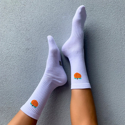 Womens, unisex Ribbed crew white sock, fashion sport ankle sock, One size fits all, The peach sock, peachy, emoji sock, Raphie.Co, Raphie Comfort