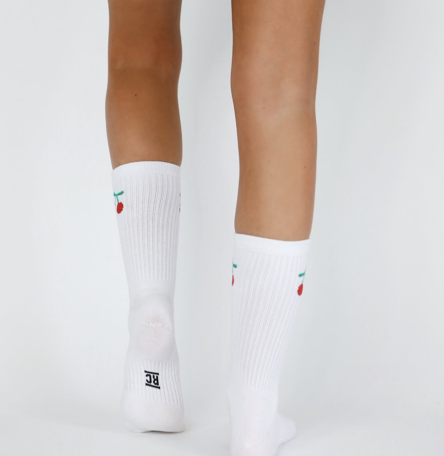 Womens, Unisex White Crew Sock, Tube Ribbed Ankle Sport Sock, The Cherry, Fruit logo, Emoji sock,