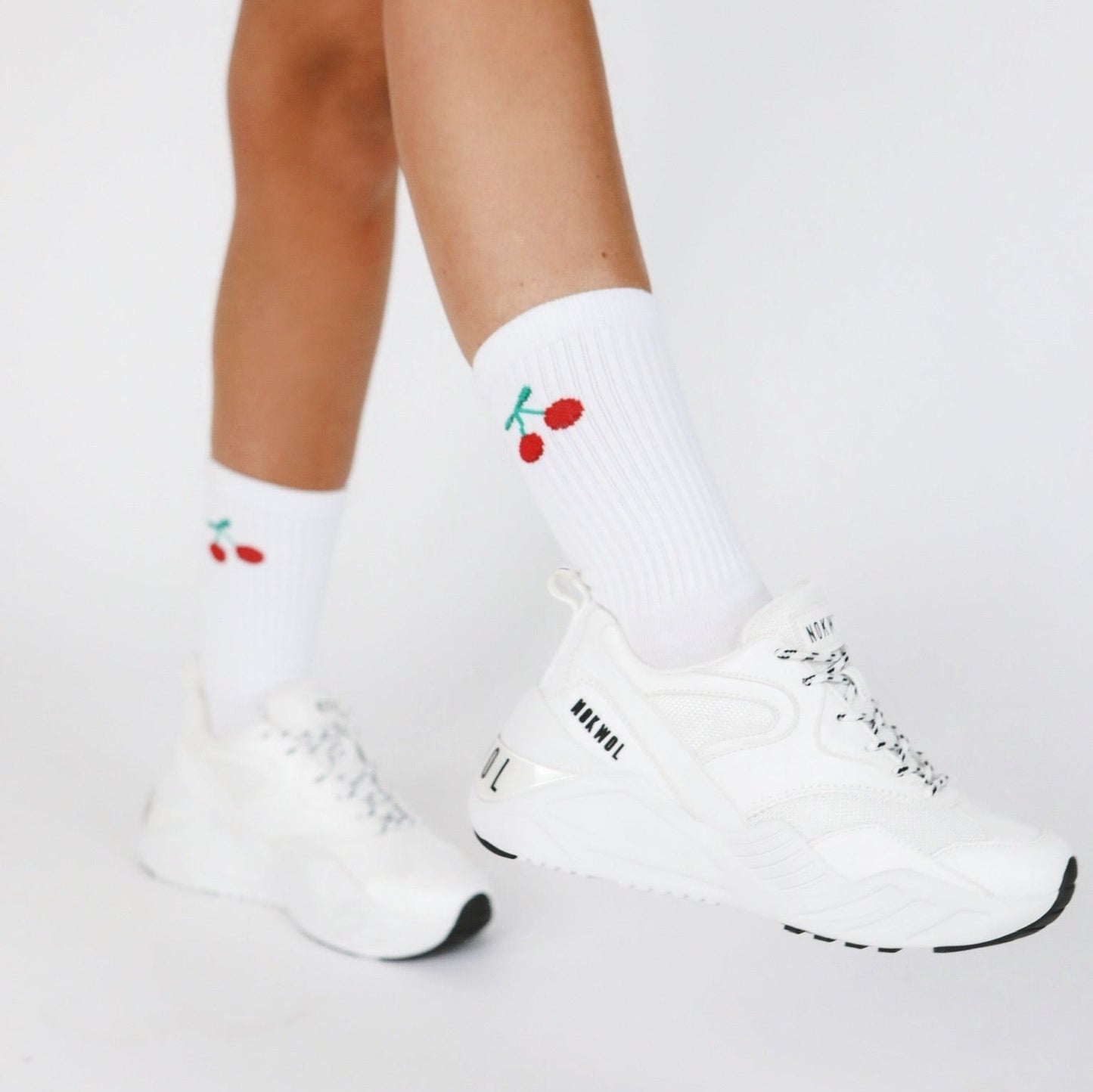 Womens, Unisex White Crew Sock, Tube Ribbed Ankle Sport Sock, The Cherry, Fruit logo, Emoji sock,