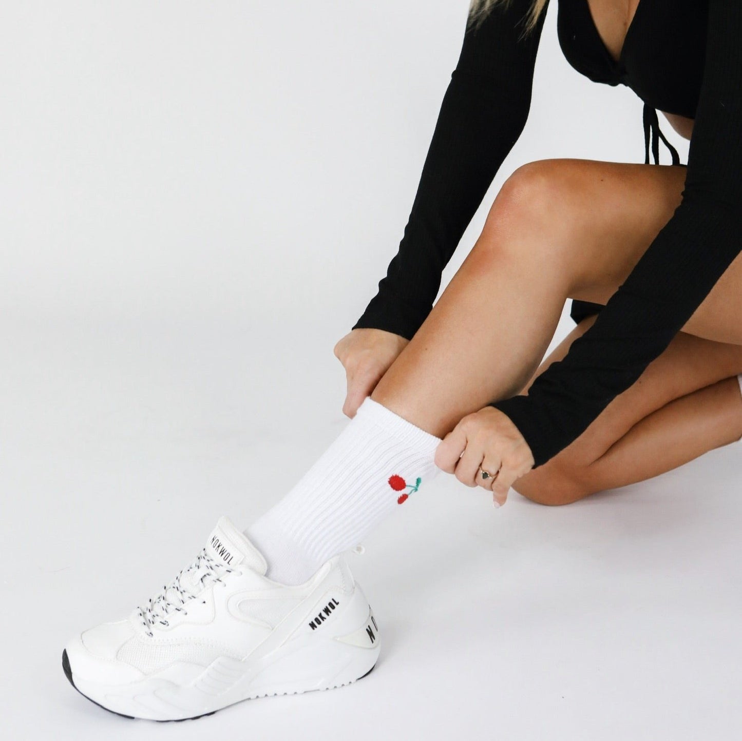 Womens, Unisex White Crew Sock, Tube Ribbed Ankle Sport Sock, The Cherry, Fruit logo, Emoji sock,