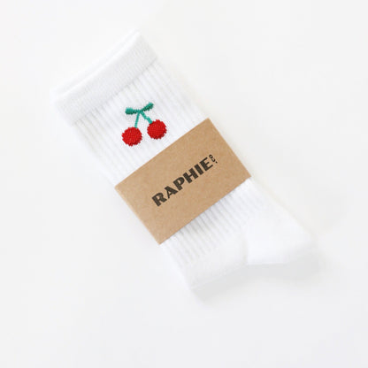 Womens, Unisex White Crew Sock, Tube Ribbed Ankle Sport Sock, The Cherry, Fruit logo, Emoji sock,